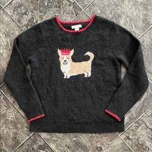 CUPCAKES & CASHMERE Fuzzy Charcoal & Red RmTrim Sweater w Corgi & Crown Graphic